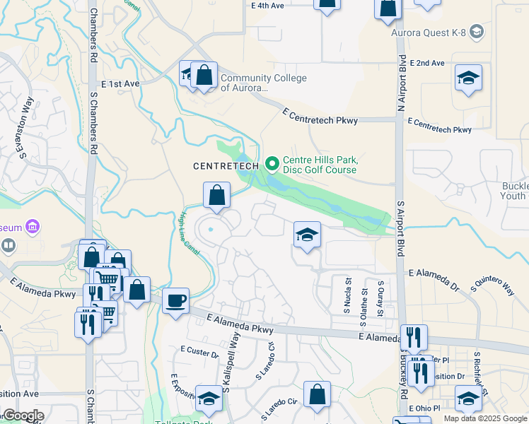 map of restaurants, bars, coffee shops, grocery stores, and more near 16293 East Alameda Place in Aurora