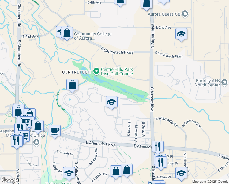 map of restaurants, bars, coffee shops, grocery stores, and more near 16497 East Alameda Place in Aurora