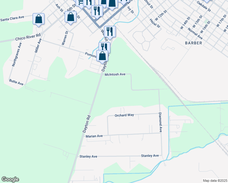 map of restaurants, bars, coffee shops, grocery stores, and more near 1525 Dayton Road in Chico
