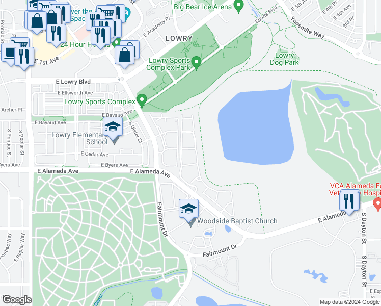 map of restaurants, bars, coffee shops, grocery stores, and more near 10 Uinta Parkway in Denver