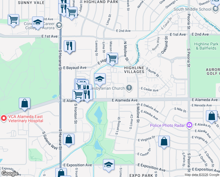 map of restaurants, bars, coffee shops, grocery stores, and more near 11117 East Alameda Avenue in Aurora