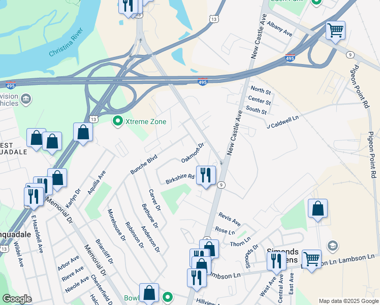 map of restaurants, bars, coffee shops, grocery stores, and more near 15 Oakmont Drive in New Castle