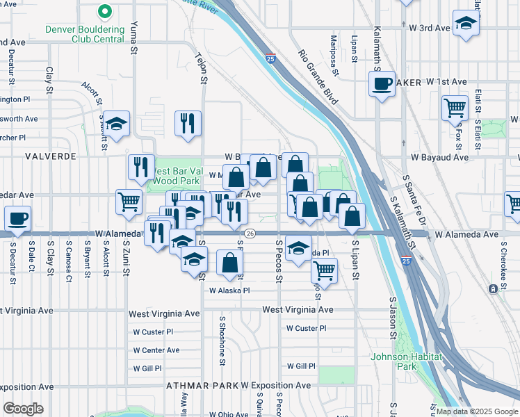 map of restaurants, bars, coffee shops, grocery stores, and more near 1447 West Byers Place in Denver