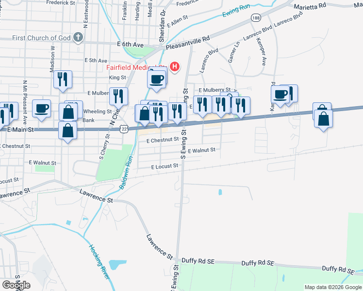 map of restaurants, bars, coffee shops, grocery stores, and more near 208 South Ewing Street in Lancaster