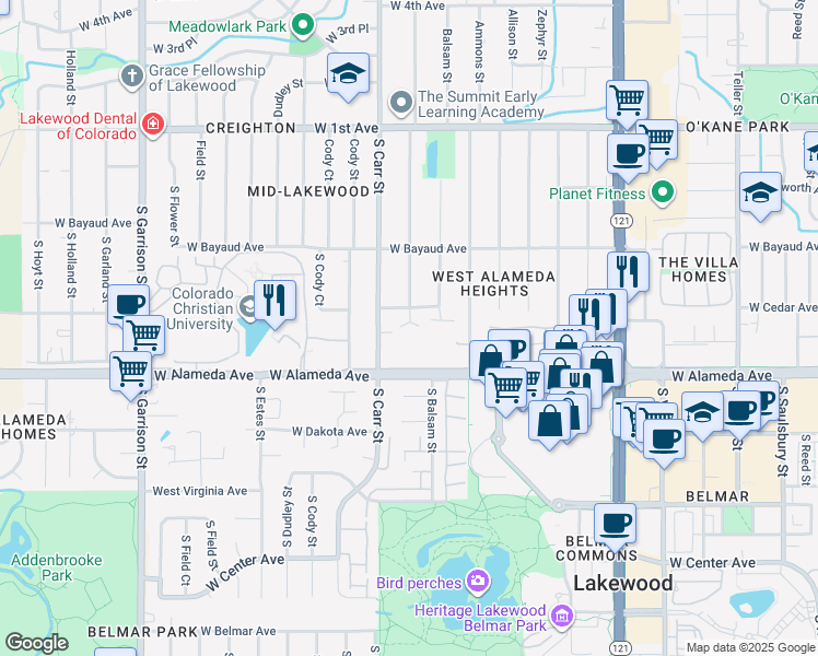 map of restaurants, bars, coffee shops, grocery stores, and more near 211 South Brentwood Street in Lakewood