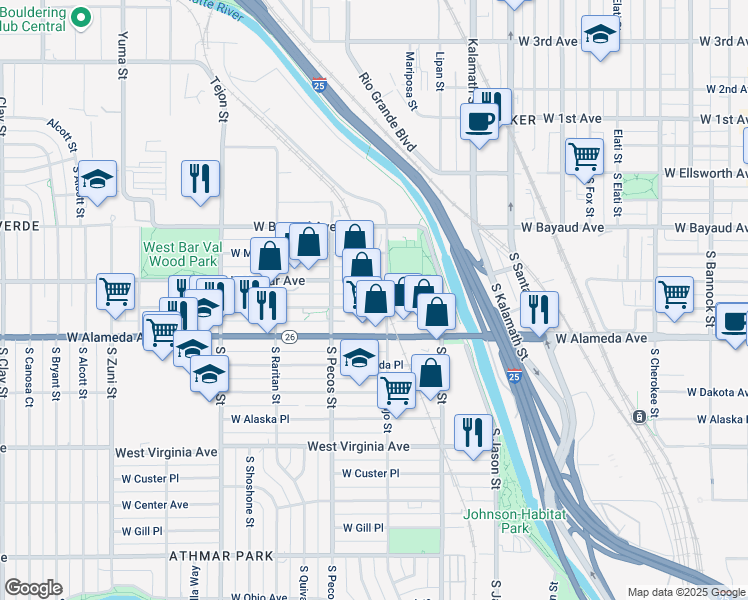 map of restaurants, bars, coffee shops, grocery stores, and more near 1329 West Byers Place in Denver