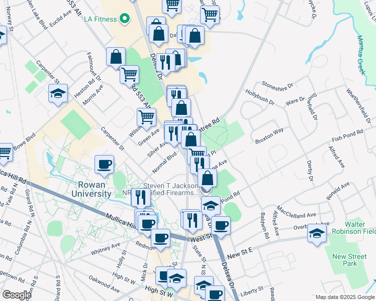 map of restaurants, bars, coffee shops, grocery stores, and more near 402 Delsea Drive North in Glassboro