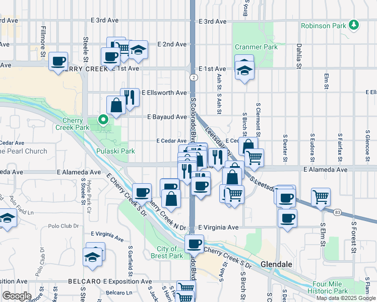 map of restaurants, bars, coffee shops, grocery stores, and more near 251 South Colorado Boulevard in Denver