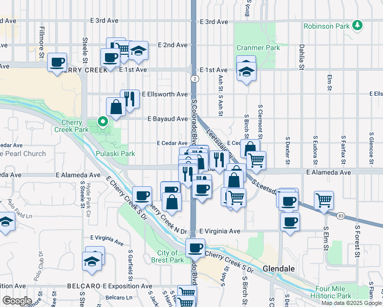 map of restaurants, bars, coffee shops, grocery stores, and more near 225 South Harrison Street in Denver