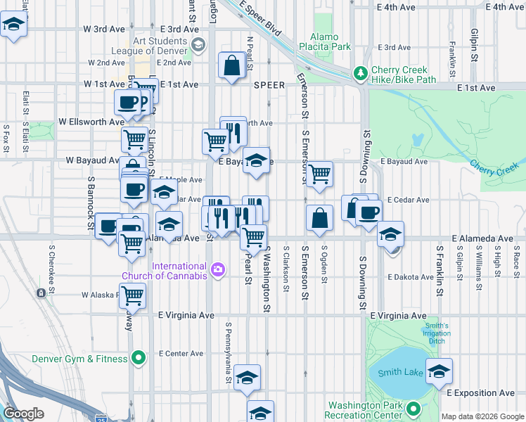 map of restaurants, bars, coffee shops, grocery stores, and more near 222 South Washington Street in Denver