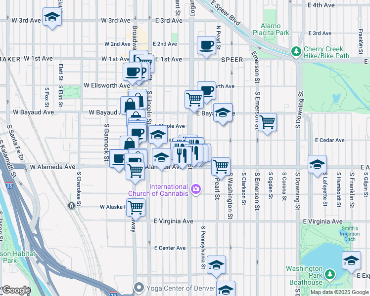 map of restaurants, bars, coffee shops, grocery stores, and more near 228 South Grant Street in Denver