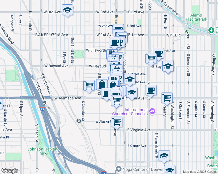 map of restaurants, bars, coffee shops, grocery stores, and more near 201 South Broadway in Denver