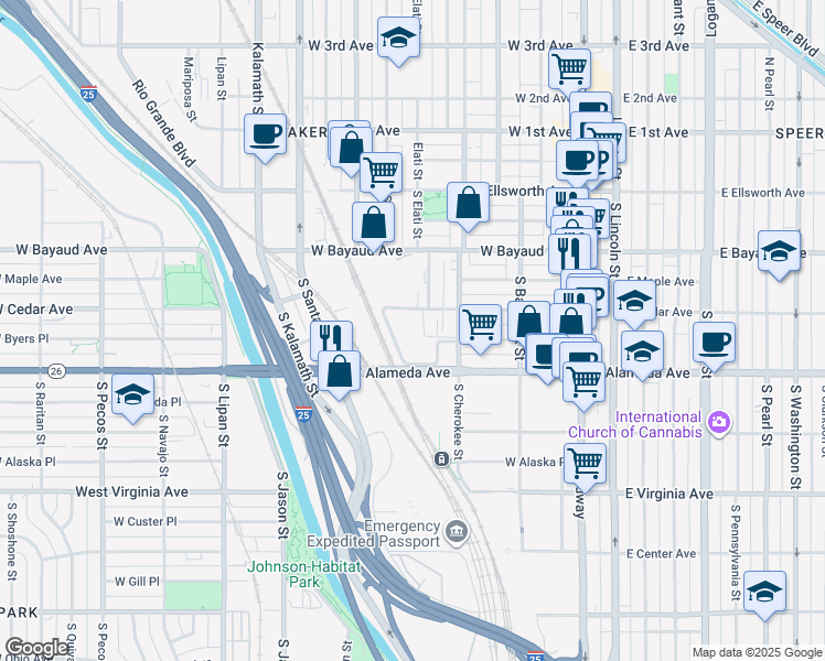 map of restaurants, bars, coffee shops, grocery stores, and more near 500 West Cedar Avenue in Denver