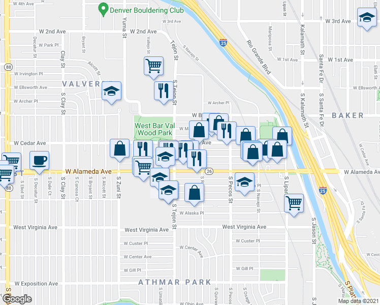 map of restaurants, bars, coffee shops, grocery stores, and more near 1515 West Byers Place in Denver
