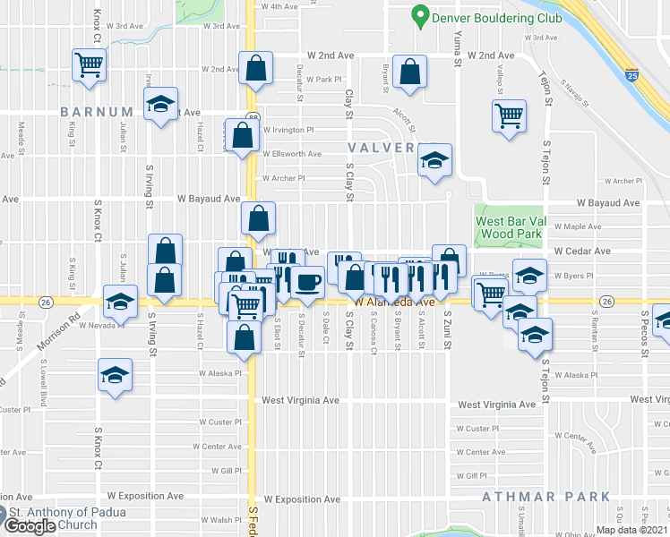 map of restaurants, bars, coffee shops, grocery stores, and more near 230 South Dale Court in Denver