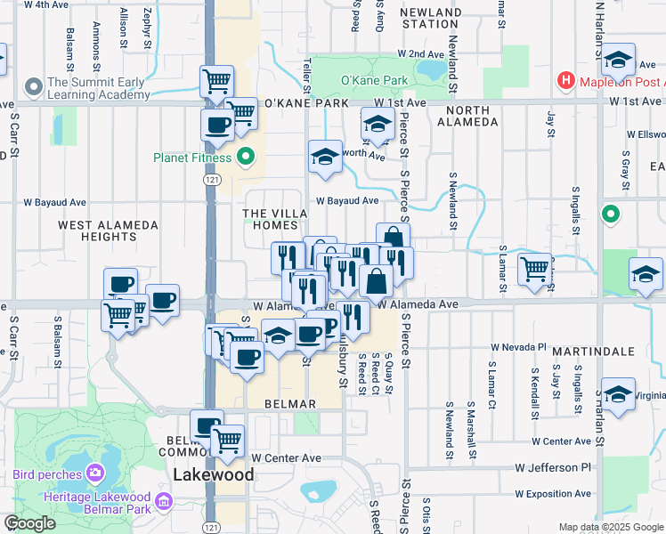 map of restaurants, bars, coffee shops, grocery stores, and more near 7030 West Cedar Avenue in Lakewood