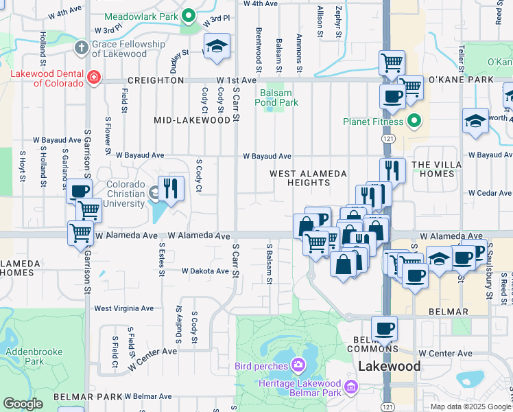 map of restaurants, bars, coffee shops, grocery stores, and more near 211 South Brentwood Street in Lakewood