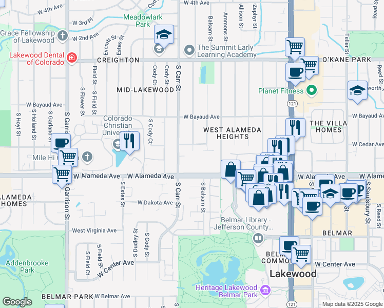 map of restaurants, bars, coffee shops, grocery stores, and more near 211 South Brentwood Street in Lakewood