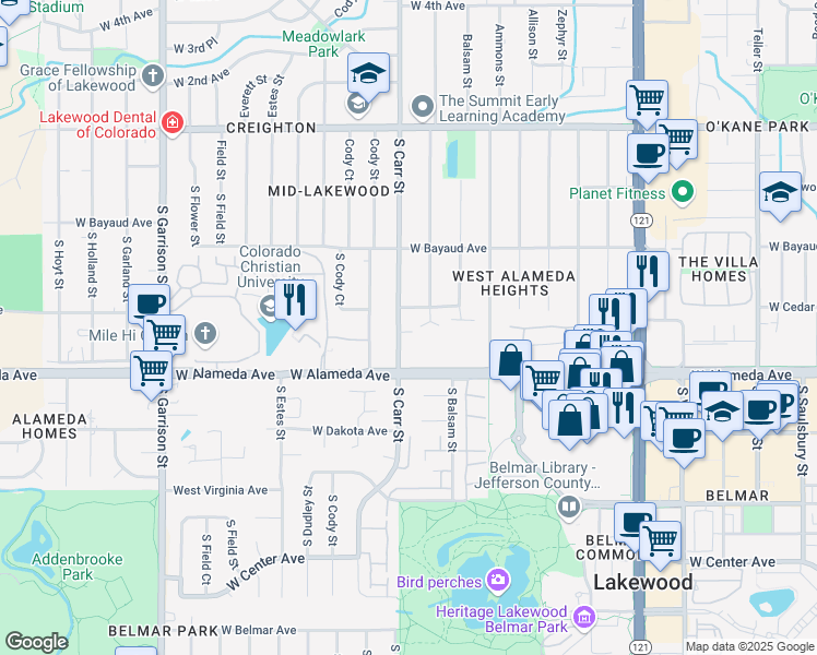 map of restaurants, bars, coffee shops, grocery stores, and more near 211 South Brentwood Street in Lakewood