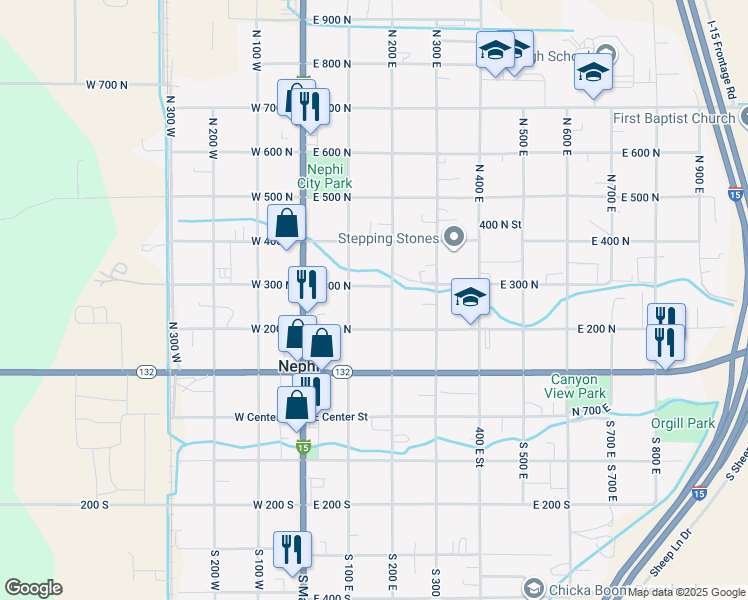map of restaurants, bars, coffee shops, grocery stores, and more near 295 North 200 East in Nephi