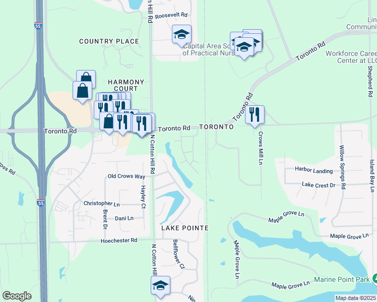 map of restaurants, bars, coffee shops, grocery stores, and more near 1600 Toronto Road in Springfield
