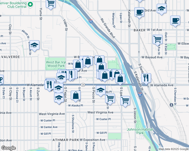 map of restaurants, bars, coffee shops, grocery stores, and more near 240 South Pecos Street in Denver