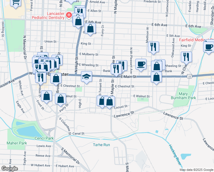 map of restaurants, bars, coffee shops, grocery stores, and more near 427 East Chestnut Street in Lancaster