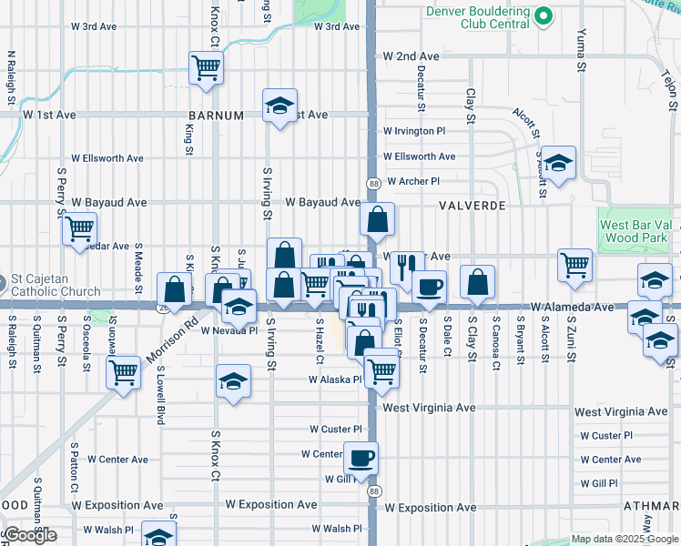 map of restaurants, bars, coffee shops, grocery stores, and more near 241 South Grove Street in Denver