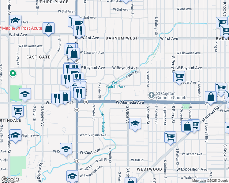 map of restaurants, bars, coffee shops, grocery stores, and more near 4773 West Byers Place in Denver