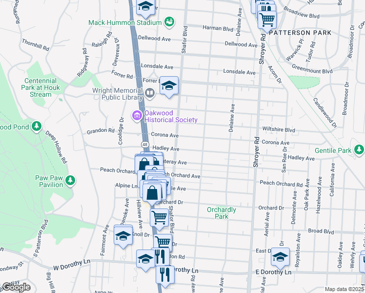 map of restaurants, bars, coffee shops, grocery stores, and more near 217 Hadley Avenue in Dayton