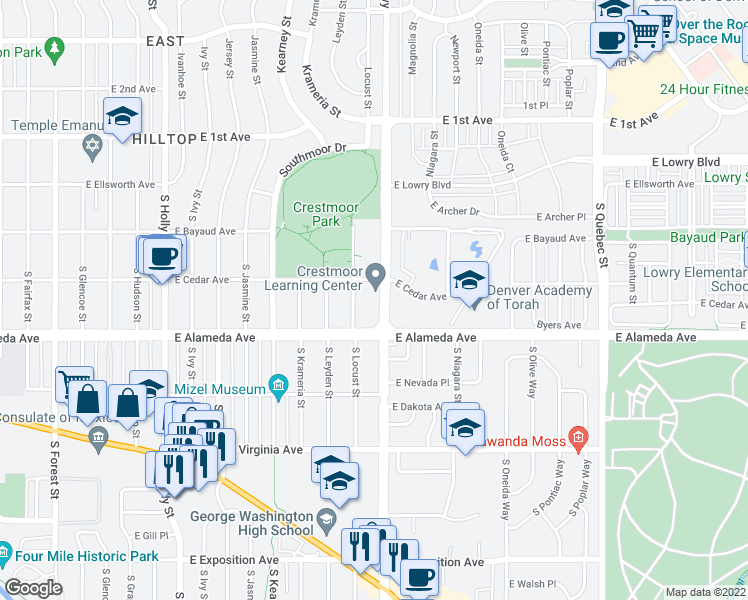 map of restaurants, bars, coffee shops, grocery stores, and more near 231-255 South Monaco Parkway in Denver