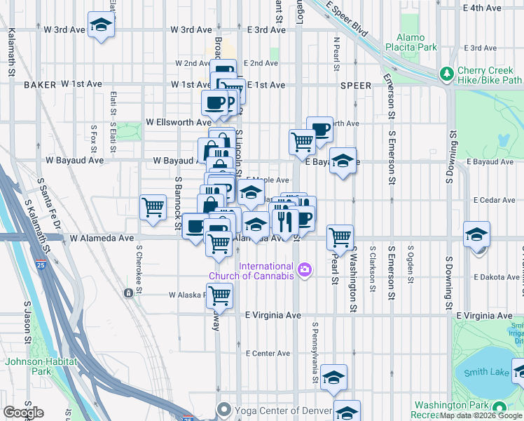 map of restaurants, bars, coffee shops, grocery stores, and more near 212 South Sherman Street in Denver
