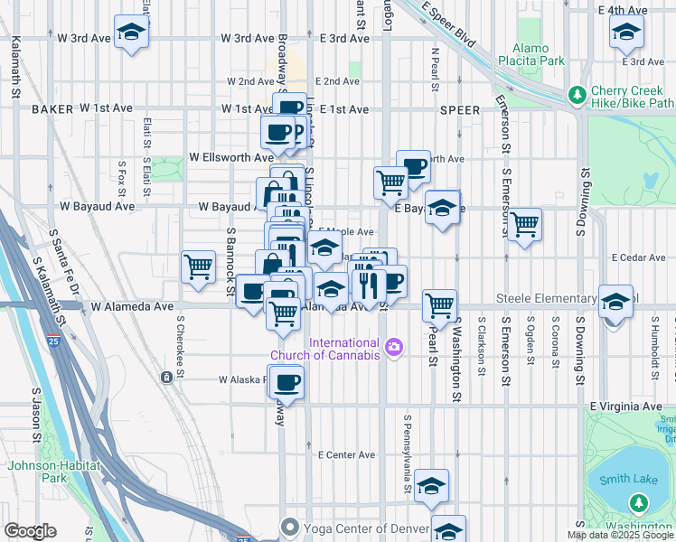 map of restaurants, bars, coffee shops, grocery stores, and more near 212 South Sherman Street in Denver