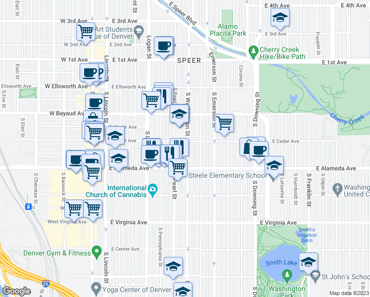 map of restaurants, bars, coffee shops, grocery stores, and more near 222 South Washington Street in Denver