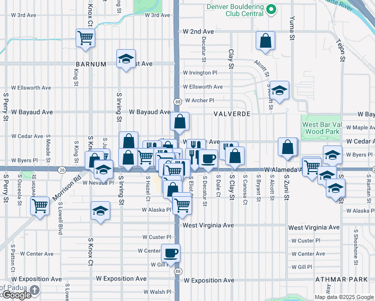 map of restaurants, bars, coffee shops, grocery stores, and more near 221 South Eliot Street in Denver