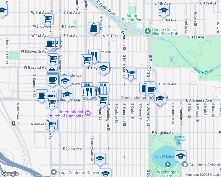 map of restaurants, bars, coffee shops, grocery stores, and more near 222 South Washington Street in Denver