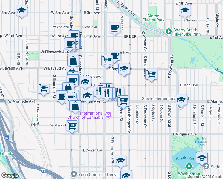 map of restaurants, bars, coffee shops, grocery stores, and more near 219 South Pennsylvania Street in Denver