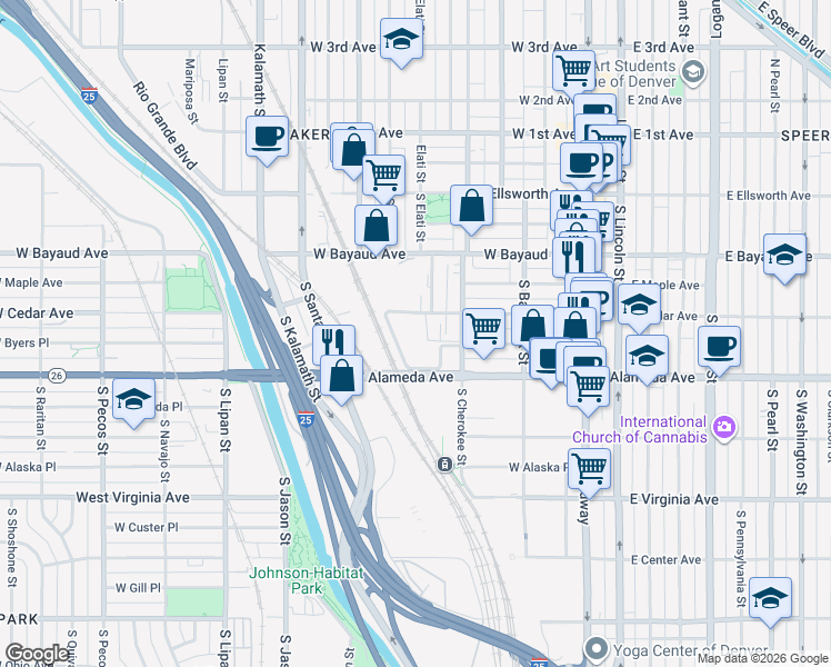 map of restaurants, bars, coffee shops, grocery stores, and more near 500 West Cedar Avenue in Denver