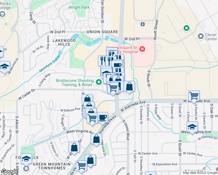 map of restaurants, bars, coffee shops, grocery stores, and more near 165 South Union Boulevard in Lakewood