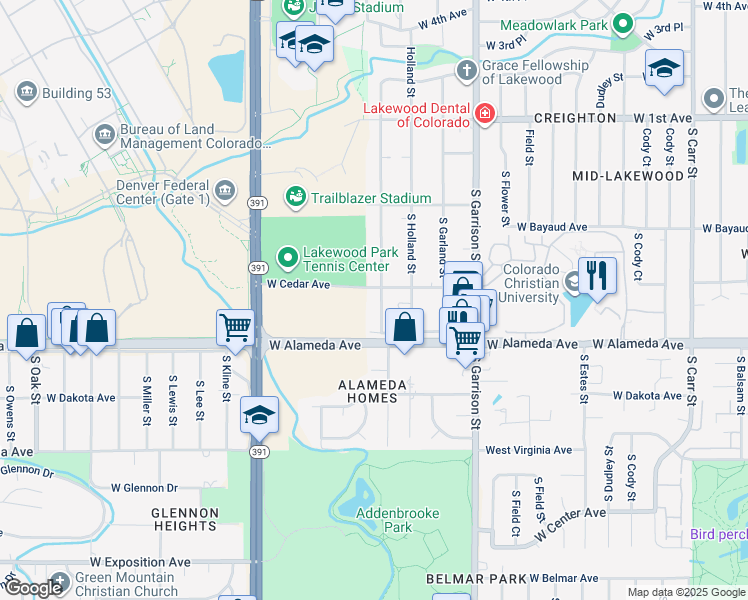 map of restaurants, bars, coffee shops, grocery stores, and more near 215 South Hoyt Street in Lakewood