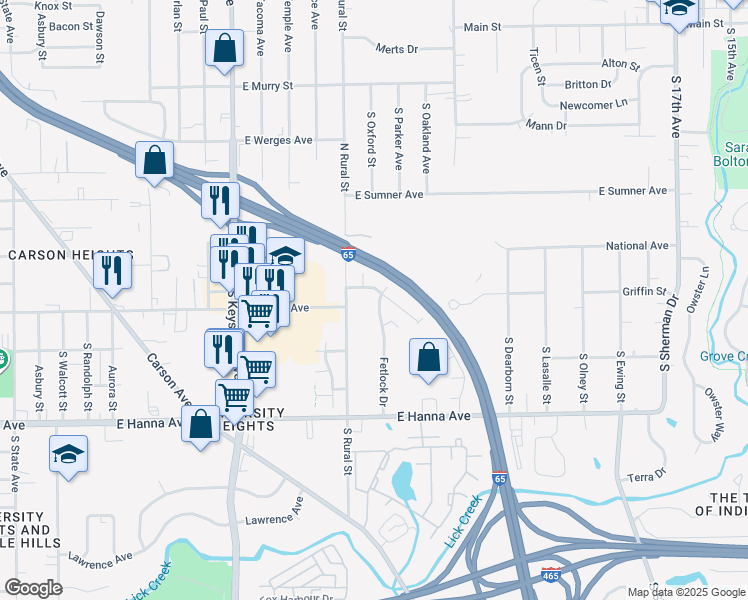 map of restaurants, bars, coffee shops, grocery stores, and more near 3700 South Rural Street in Indianapolis