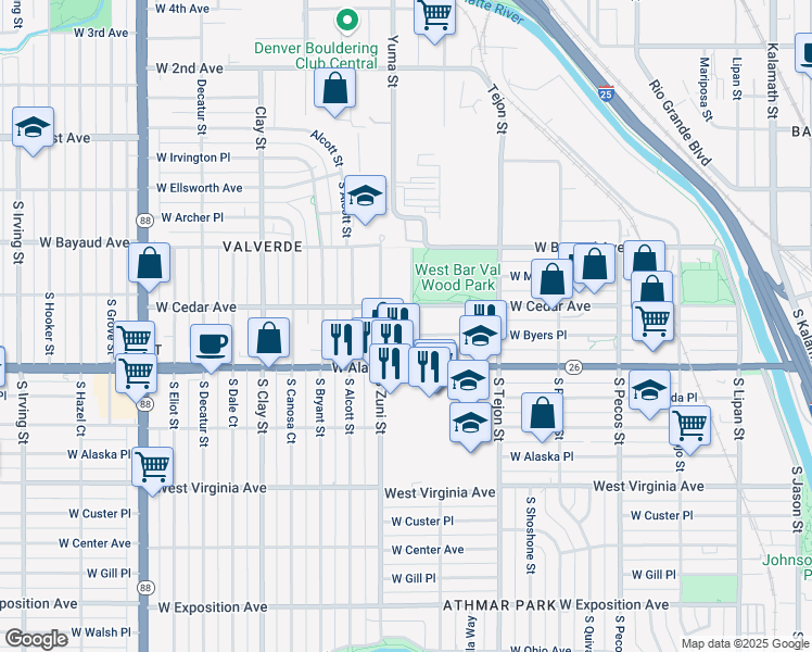 map of restaurants, bars, coffee shops, grocery stores, and more near 233 South Yuma Street in Denver