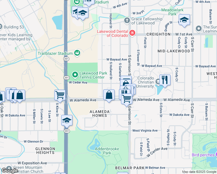 map of restaurants, bars, coffee shops, grocery stores, and more near 225 South Holland Street in Lakewood