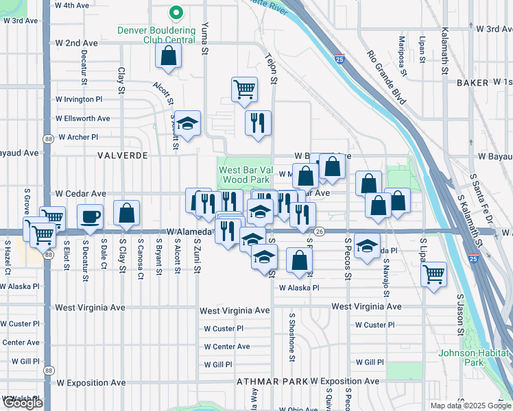 map of restaurants, bars, coffee shops, grocery stores, and more near 2128 West Byers Drive in Denver
