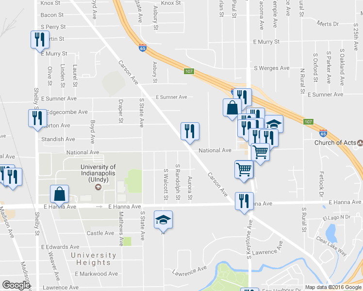 map of restaurants, bars, coffee shops, grocery stores, and more near 3670 Carson Avenue in Indianapolis