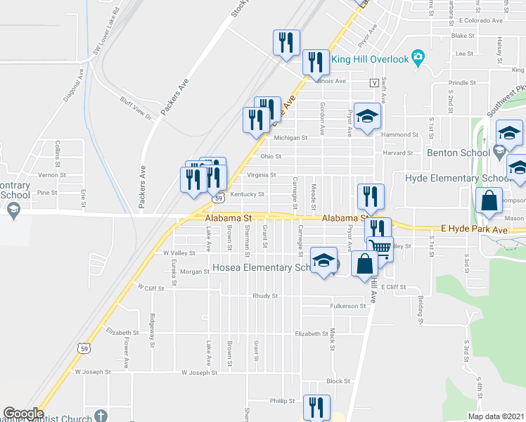 map of restaurants, bars, coffee shops, grocery stores, and more near 605 Alabama Street in Saint Joseph