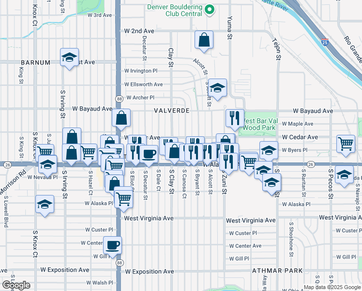 map of restaurants, bars, coffee shops, grocery stores, and more near 227 South Canosa Court in Denver