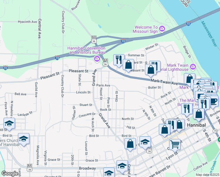 map of restaurants, bars, coffee shops, grocery stores, and more near 1501 Paris Avenue in Hannibal