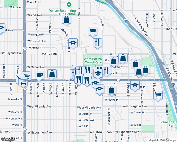 map of restaurants, bars, coffee shops, grocery stores, and more near 2275 West Byers Drive in Denver
