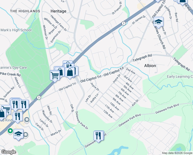 map of restaurants, bars, coffee shops, grocery stores, and more near 5580 Old Capitol Trail in Wilmington